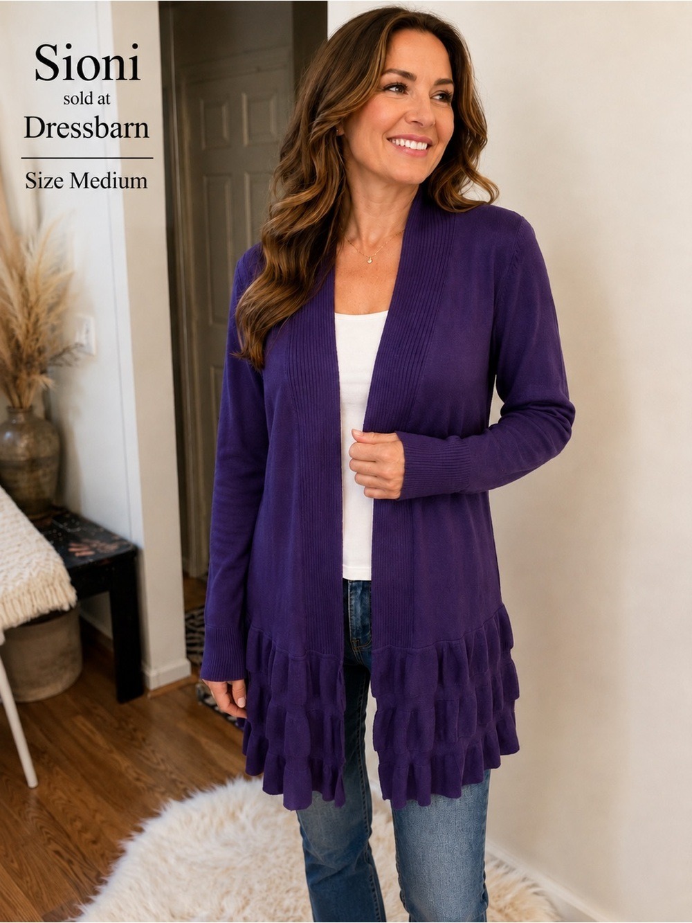 Sioni Dressbarn Purple Crochet Back Ruffle Cardigan Size Medium NWT